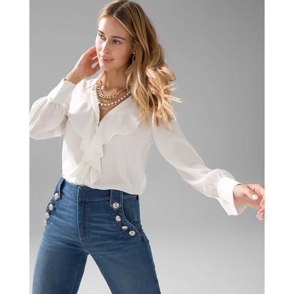 Ann Taylor White Ruffle Long Sleeve Blouse 2 - Picture 1 of 5